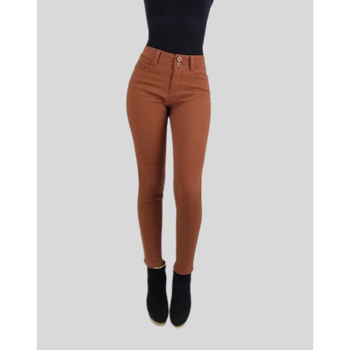TENTATION - Jeans Skinny Tiro Alto Marron