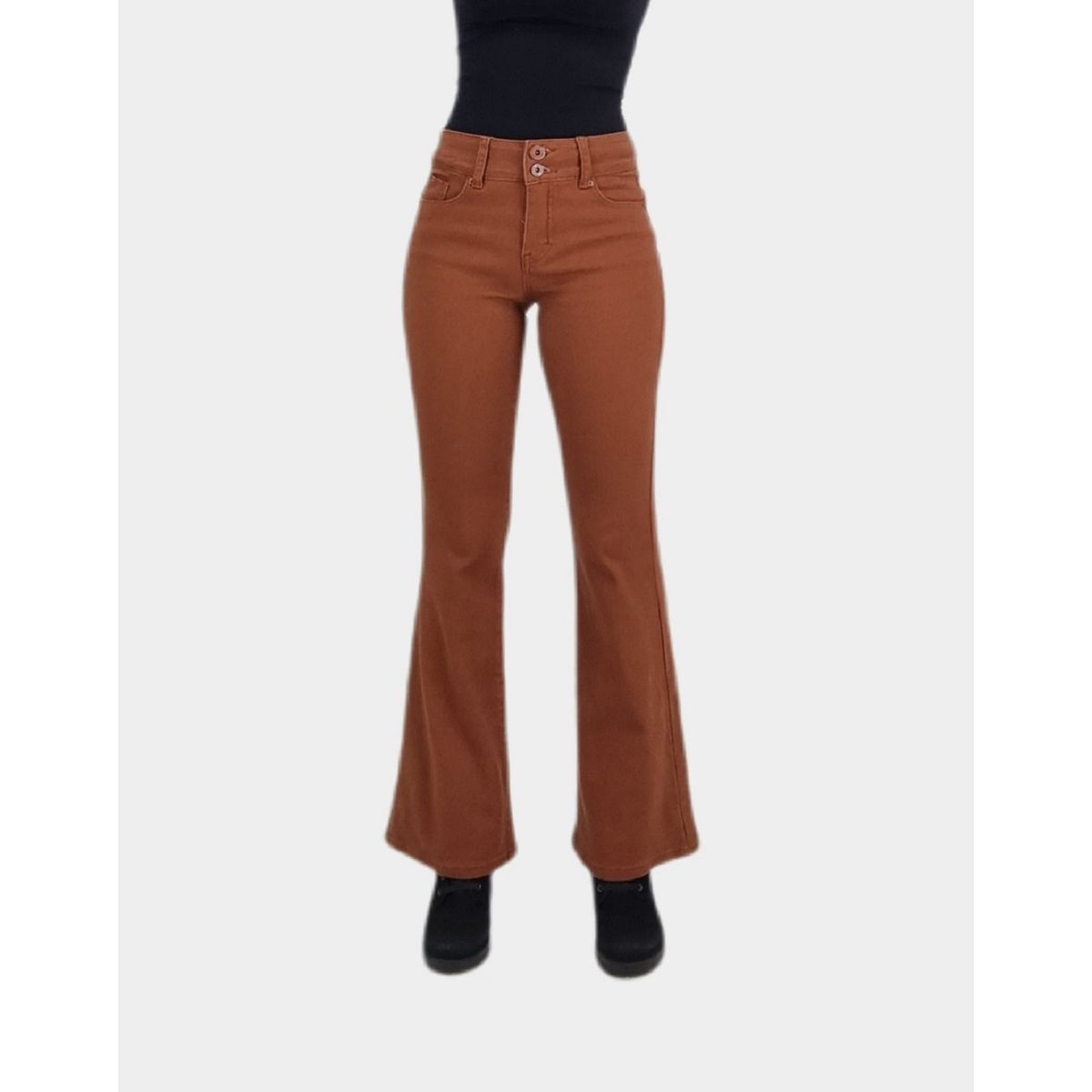 TENTATION - Jeans Flare Bottom Tiro Alto Marron