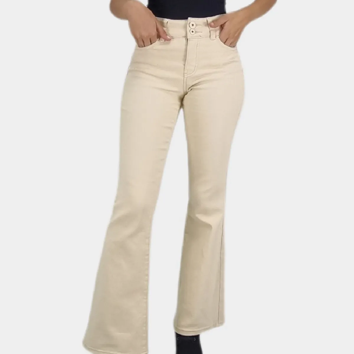 TENTATION - Jeans Flare Bottom Tiro Alto Beige