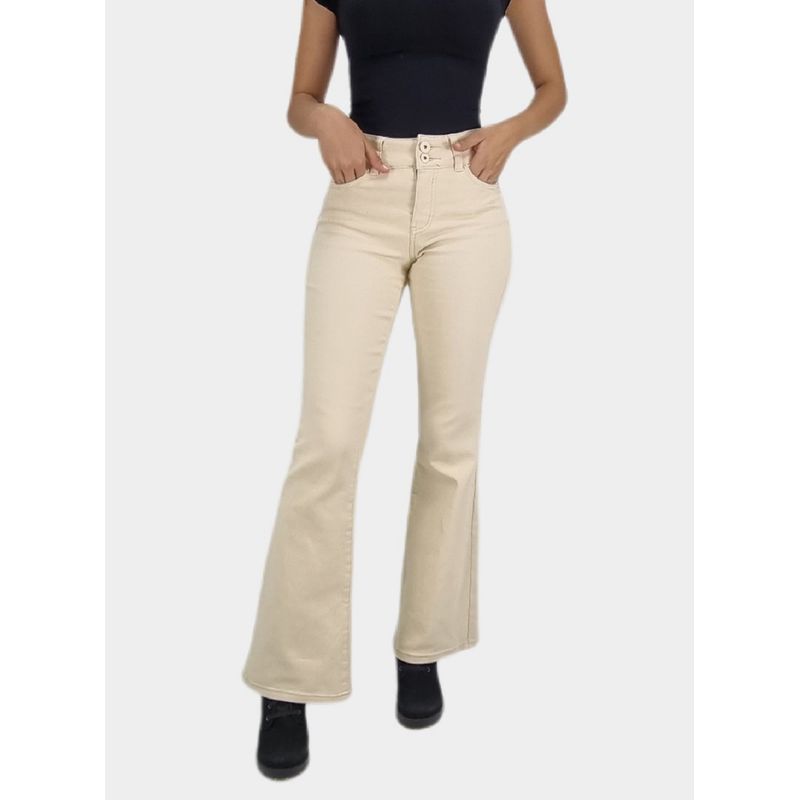 TENTATION - Jeans Flare Bottom Tiro Alto Beige