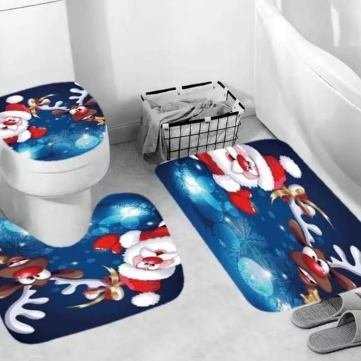 GENERICO - SET DE 3 PIEZAS DE BAÑO NAVIDEÑA Diseño RENO AZUL OSCURO
