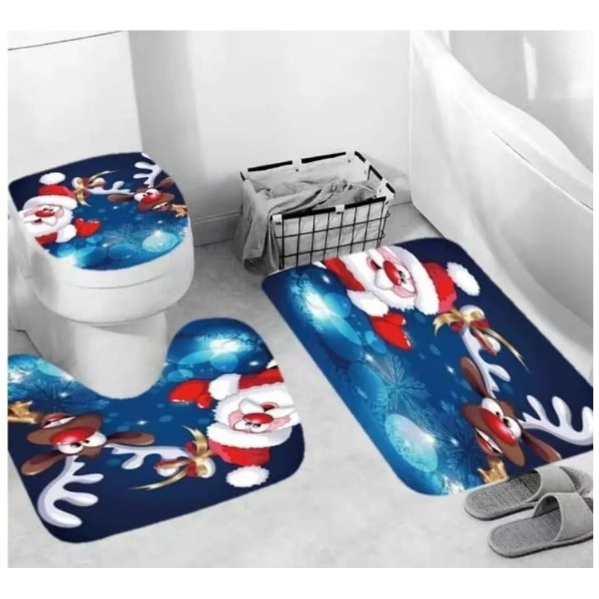 GENERICO - SET DE 3 PIEZAS DE BAÑO NAVIDEÑA Diseño RENO AZUL OSCURO