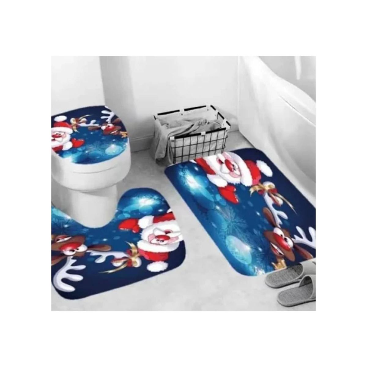 GENERICO - SET DE 3 PIEZAS DE BAÑO NAVIDEÑA Diseño RENO AZUL OSCURO