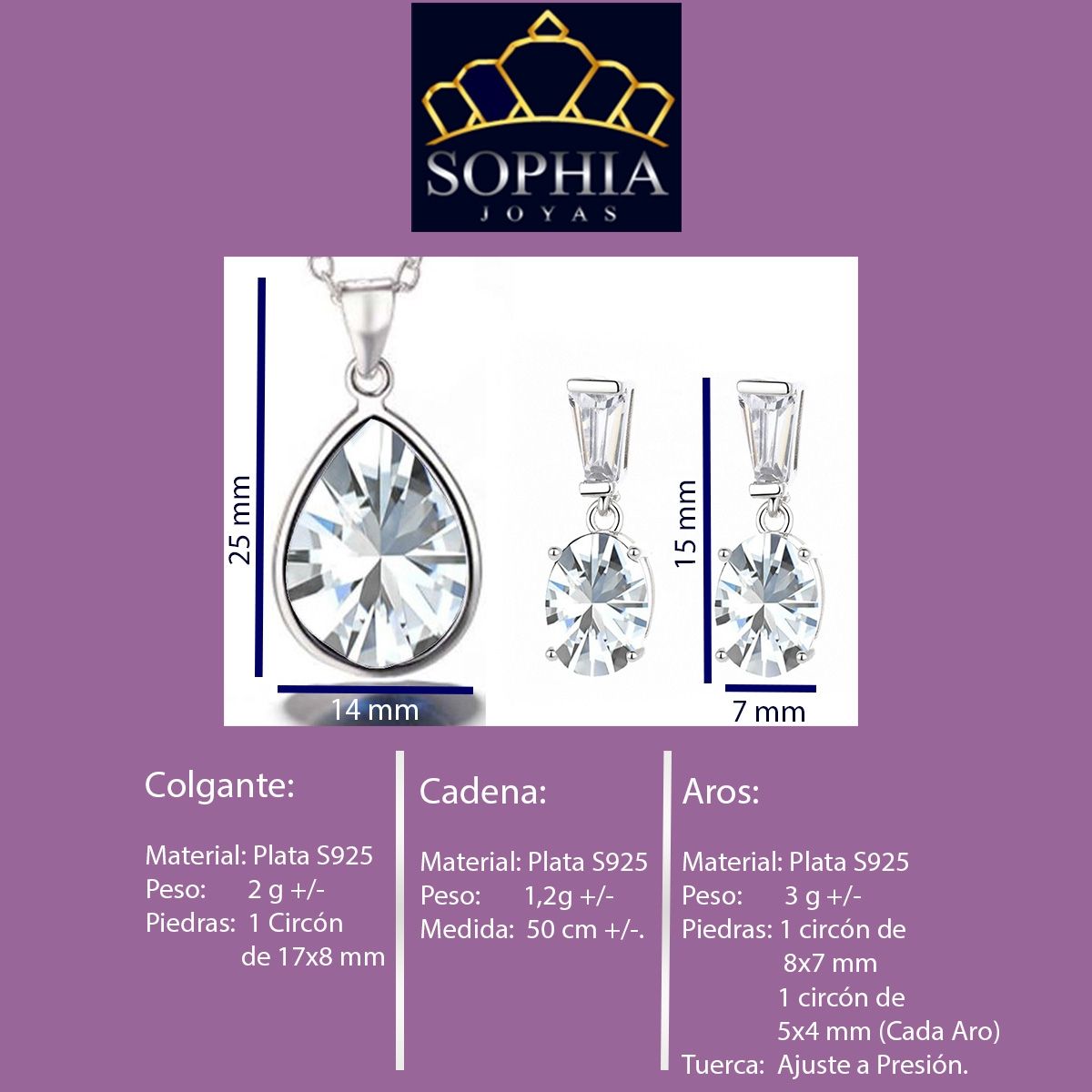 GENERICO - Joya Conjunto Plata 925 Colgante Cadena Aros Gota Mujer
