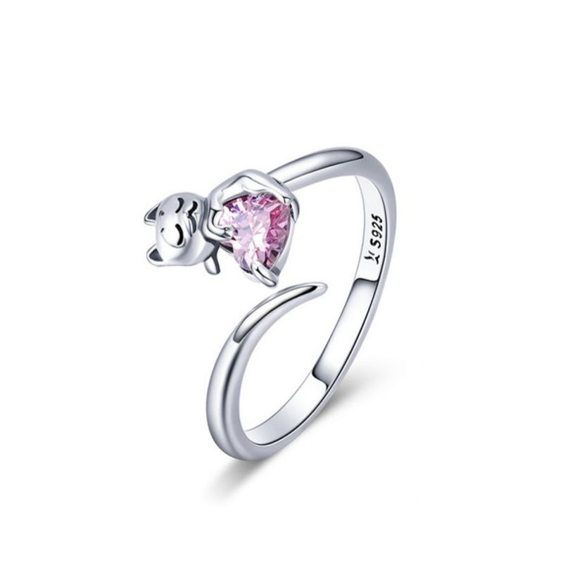 GENERICO - Anillo gato rosa plata 925 ajustable mujer joya