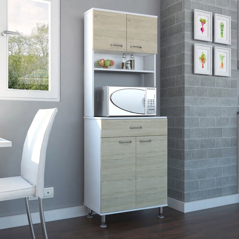 FMFURNITURE - Mueble Microondas 4 Puertas 1 Cajon Café Claro 113.5x63.1x36.1 cm.