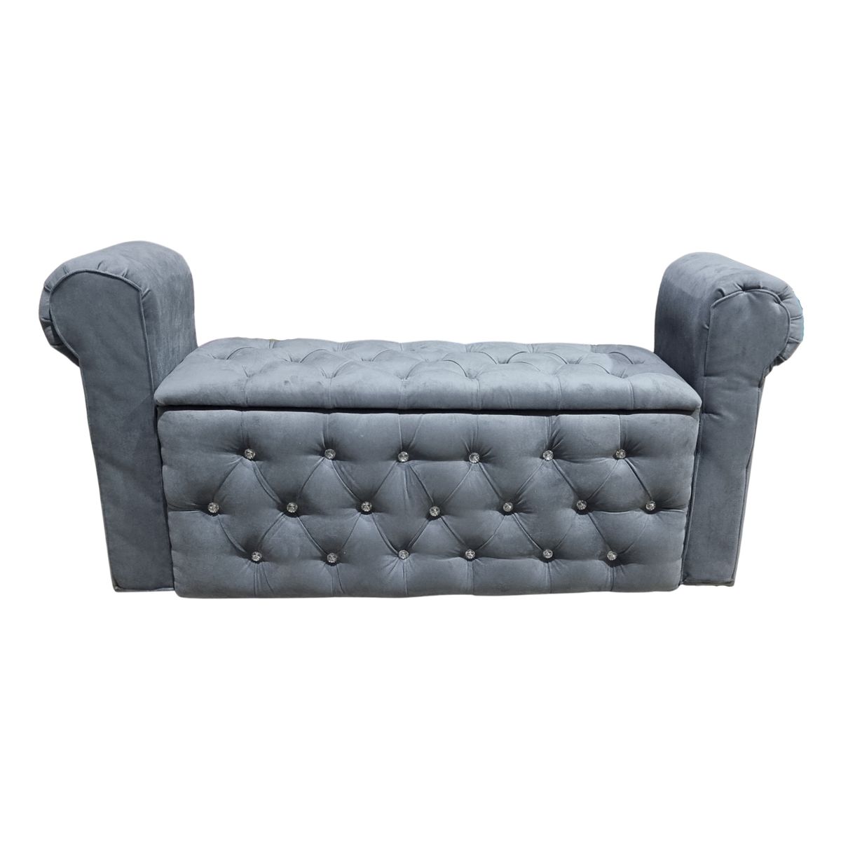 GENERICO - Banqueta Baúl Botone Con Brazos Gris Felpa Boton Diamante