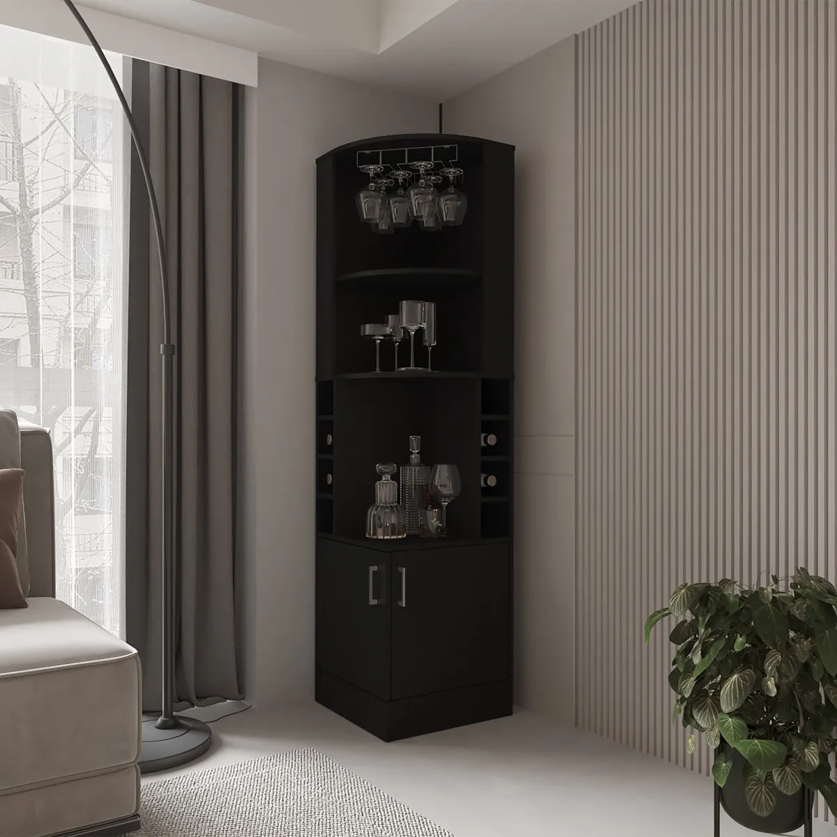 FMFURNITURE - Bar Esquinero Soporte Para Copas Fm-001N - Negro