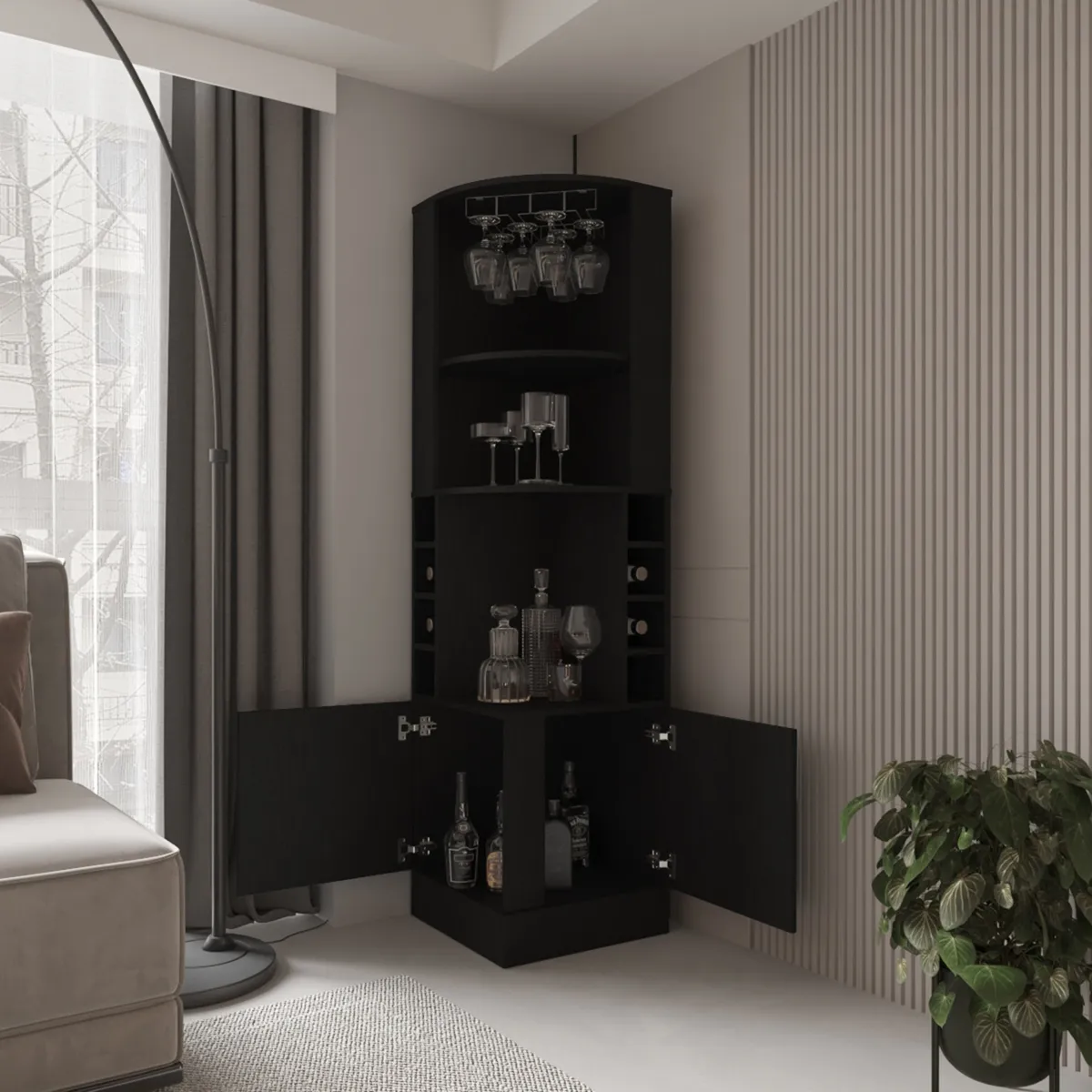 FMFURNITURE - Bar Esquinero Soporte Para Copas Fm-001N - Negro