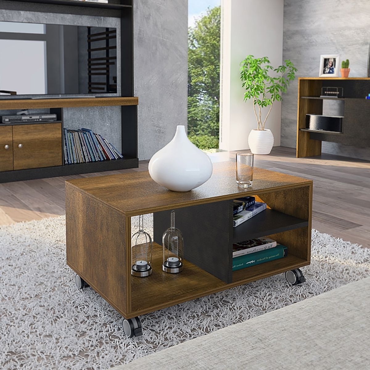 FMFURNITURE - Mesa De Centro 3 Repisas - Café Oscuro 43.4x80x50 cm