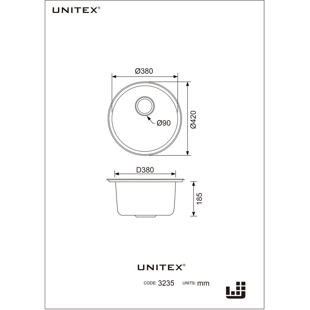 UNITEX - Lavaplatos de Acero Inoxidable circular 420 x  380 x 185mm