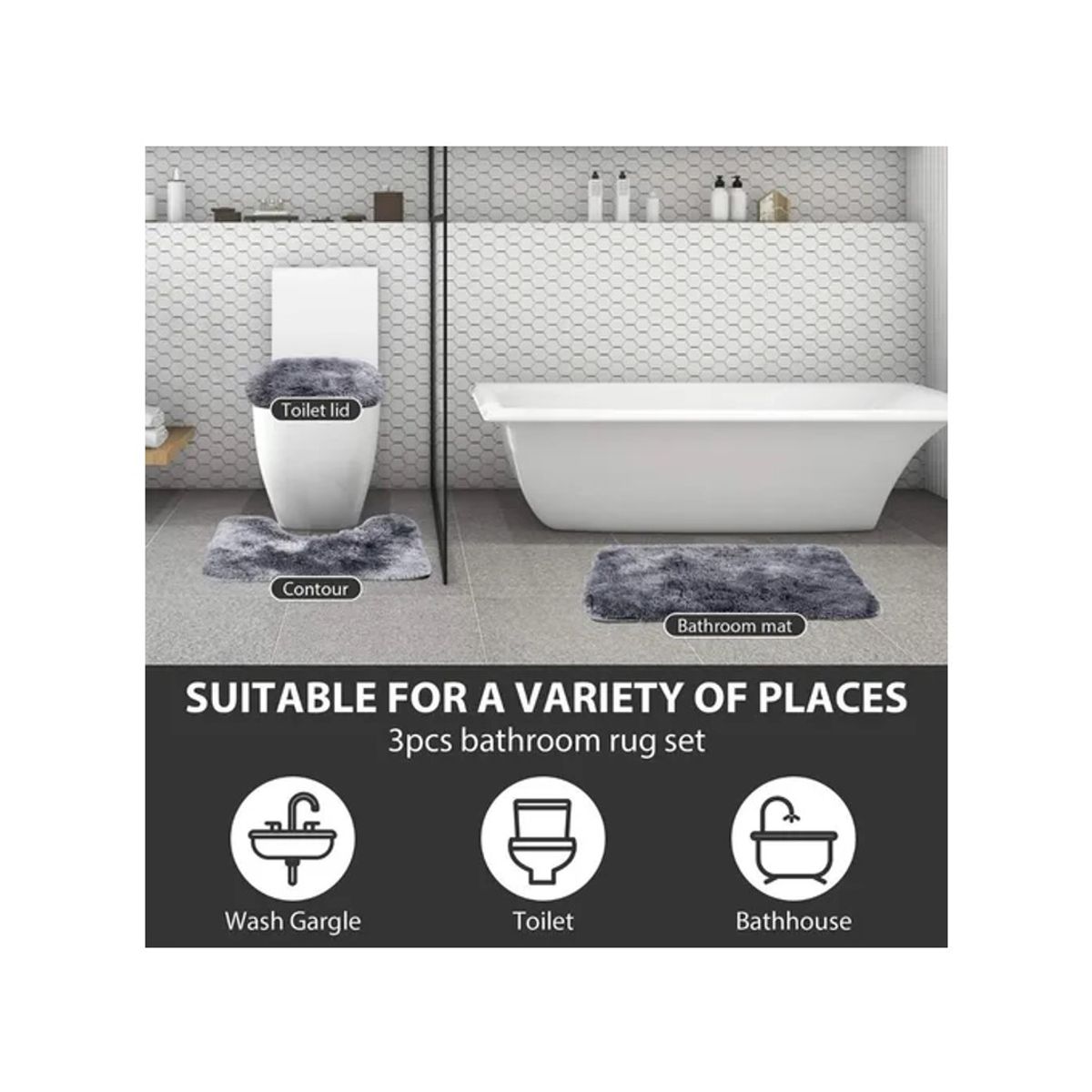 GENERICO - Set Alfombras De Baño 3 Piezas Peludo Color Liso Juego Baño