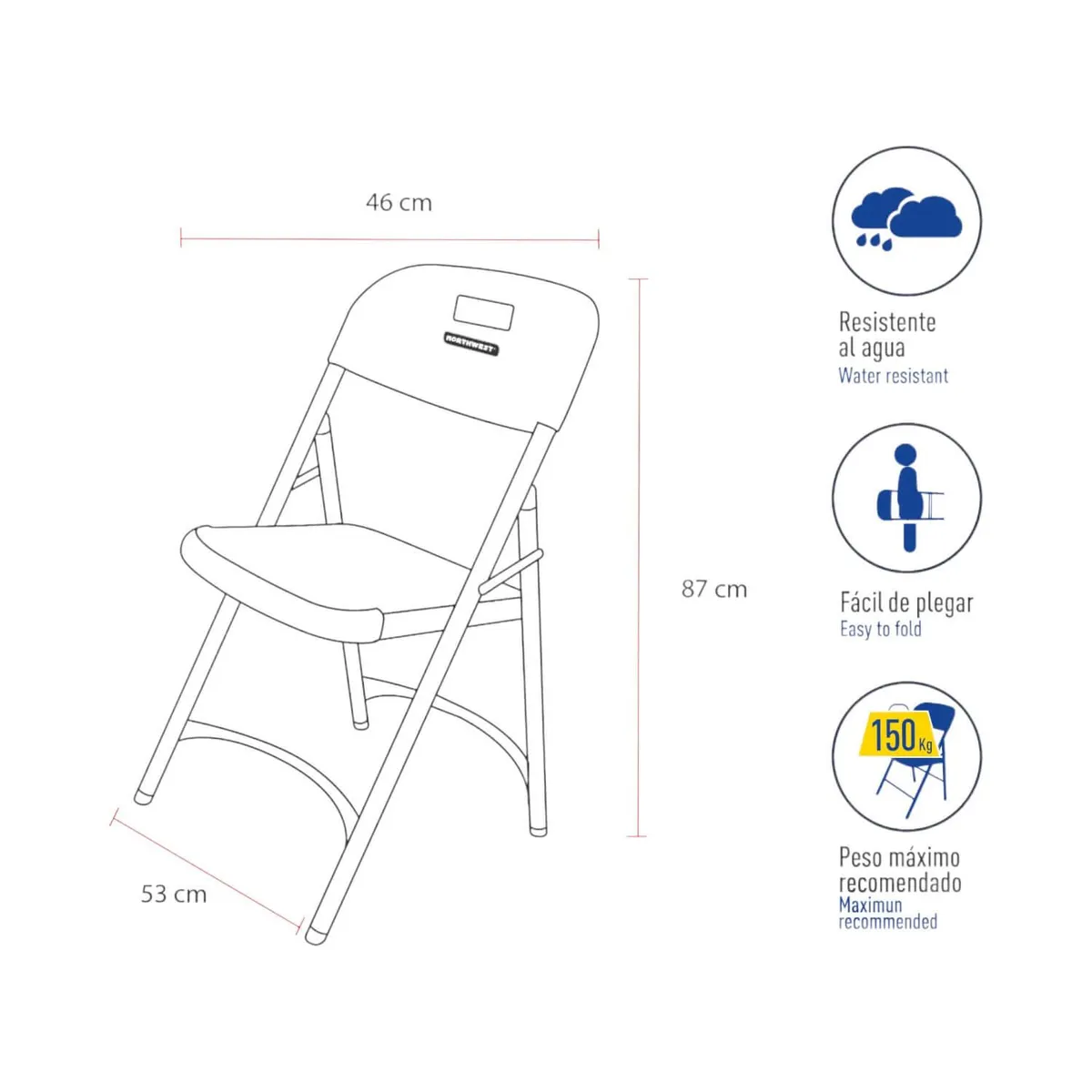 NORTHWEST - Silla Plegable 53x46x87 Cms Blanca Northwest