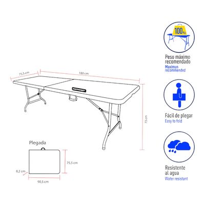 Imagen 2 del producto Mesa Plegable Rectangular 180x70x73,5 Cms Blanca