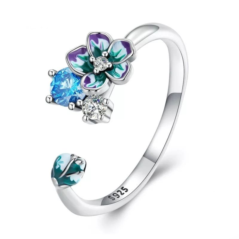 GENERICO - Anillo flor rosa azul plata 925 ajustable mujer joyas