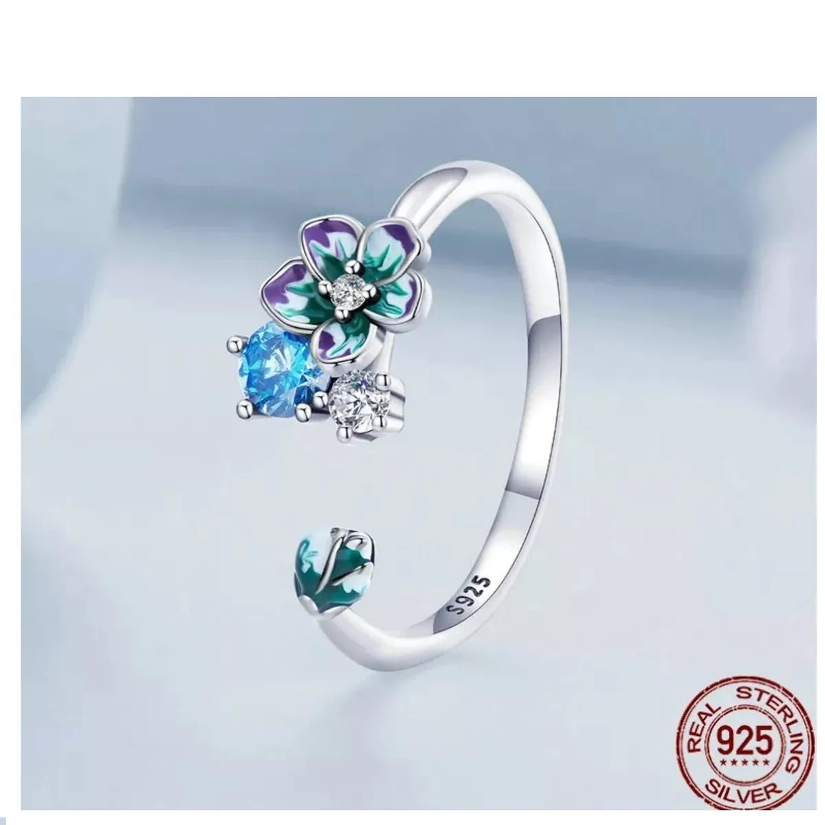 GENERICO - Anillo flor rosa azul plata 925 ajustable mujer joyas