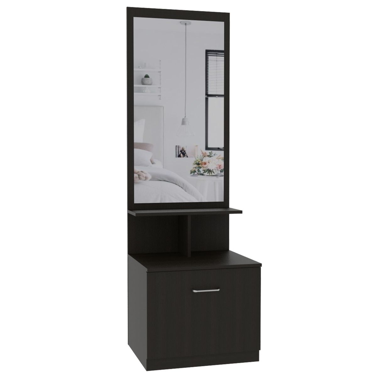 FMFURNITURE - Velador Multifuncional Con Espejo 1 Cajón - Negro 170.7x54x47.5 cm