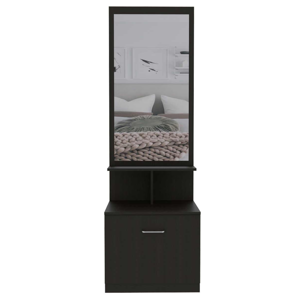 FMFURNITURE - Velador Multifuncional Con Espejo 1 Cajón - Negro 170.7x54x47.5 cm