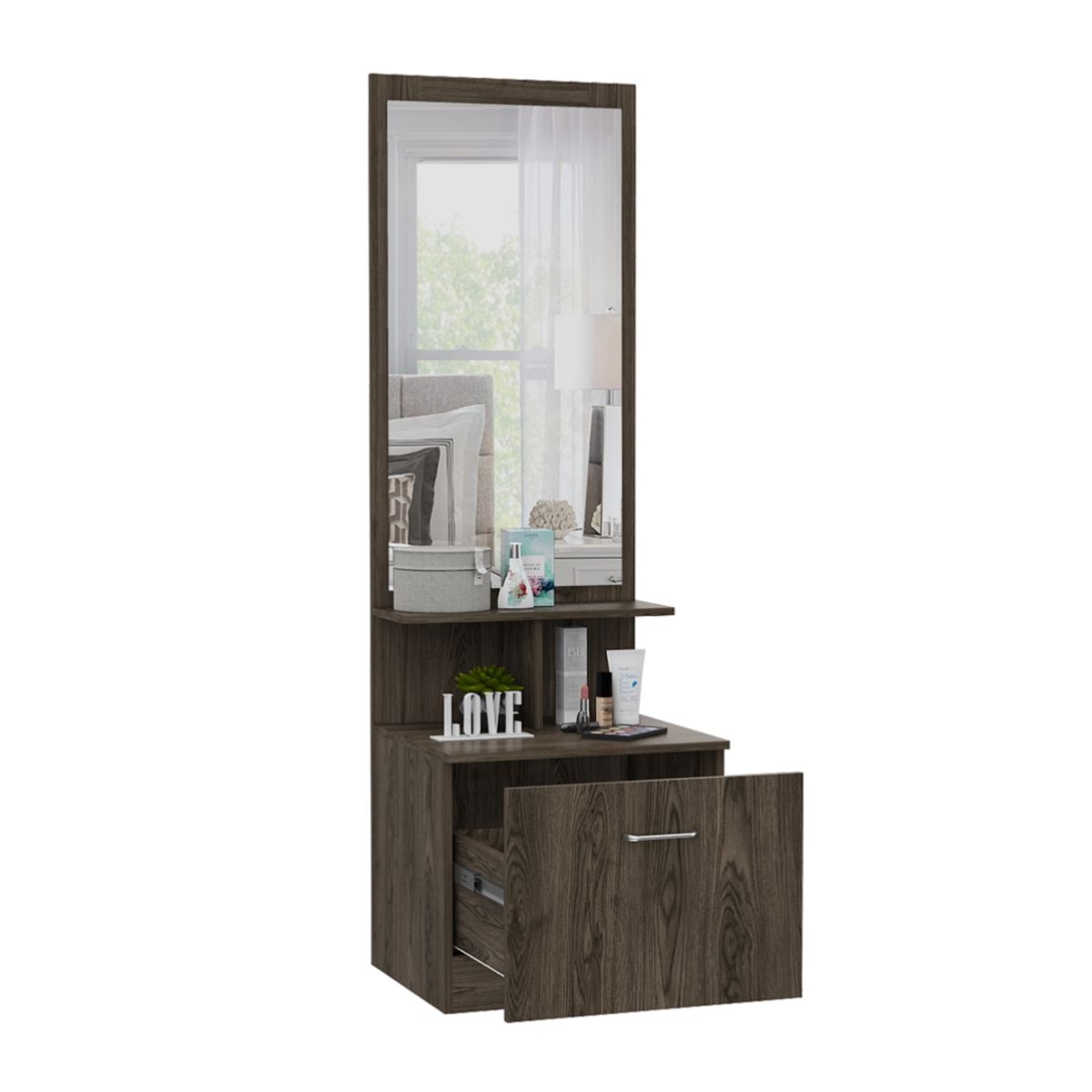 FMFURNITURE - Velador Multifuncional Con Espejo 1 Cajón - Café Oscuro 170.7x54x47.5 cm