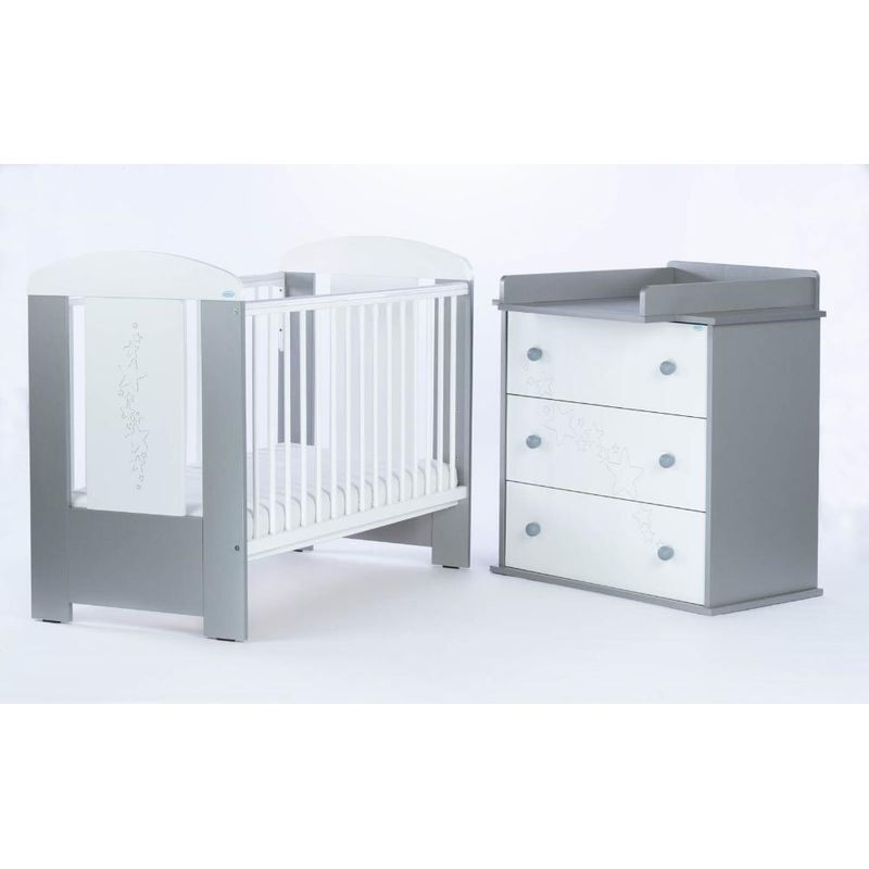 DREWEX - SET Comoda y Cuna STARS Ajustable (120 x 60) - Gris