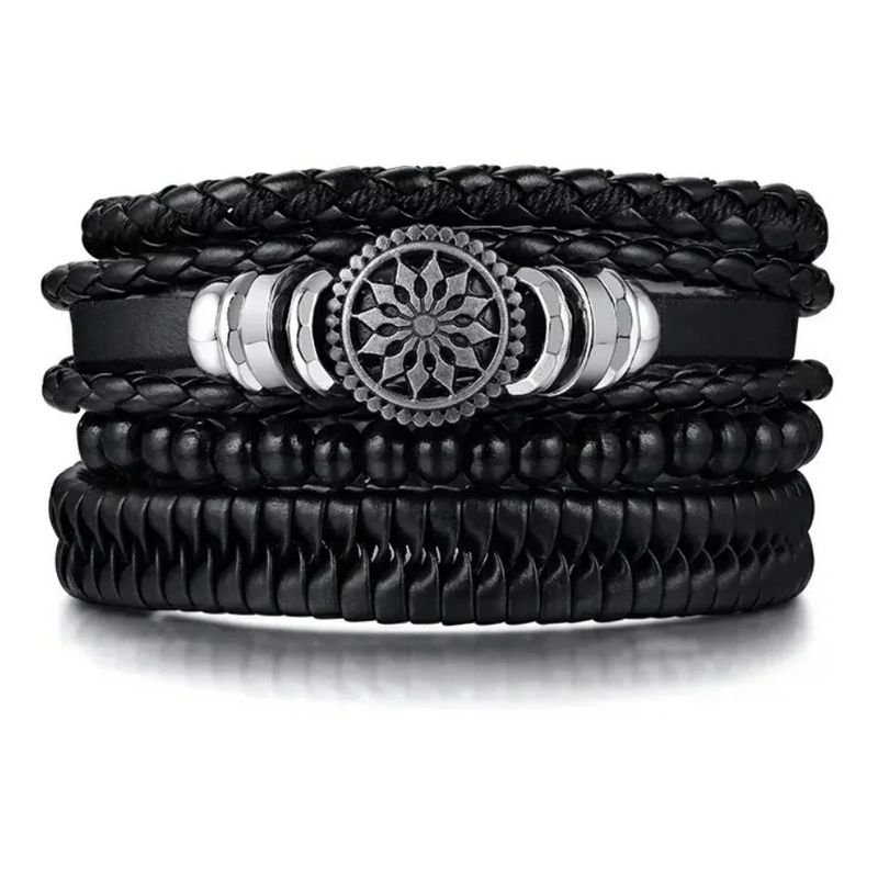 GENERICO - Conjunto Pulseras Cuero Sol Black Ajustables Hombre Vintage.