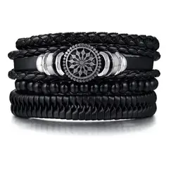 GENERICO - Conjunto Pulseras Cuero Sol Black Ajustables Hombre Vintage.
