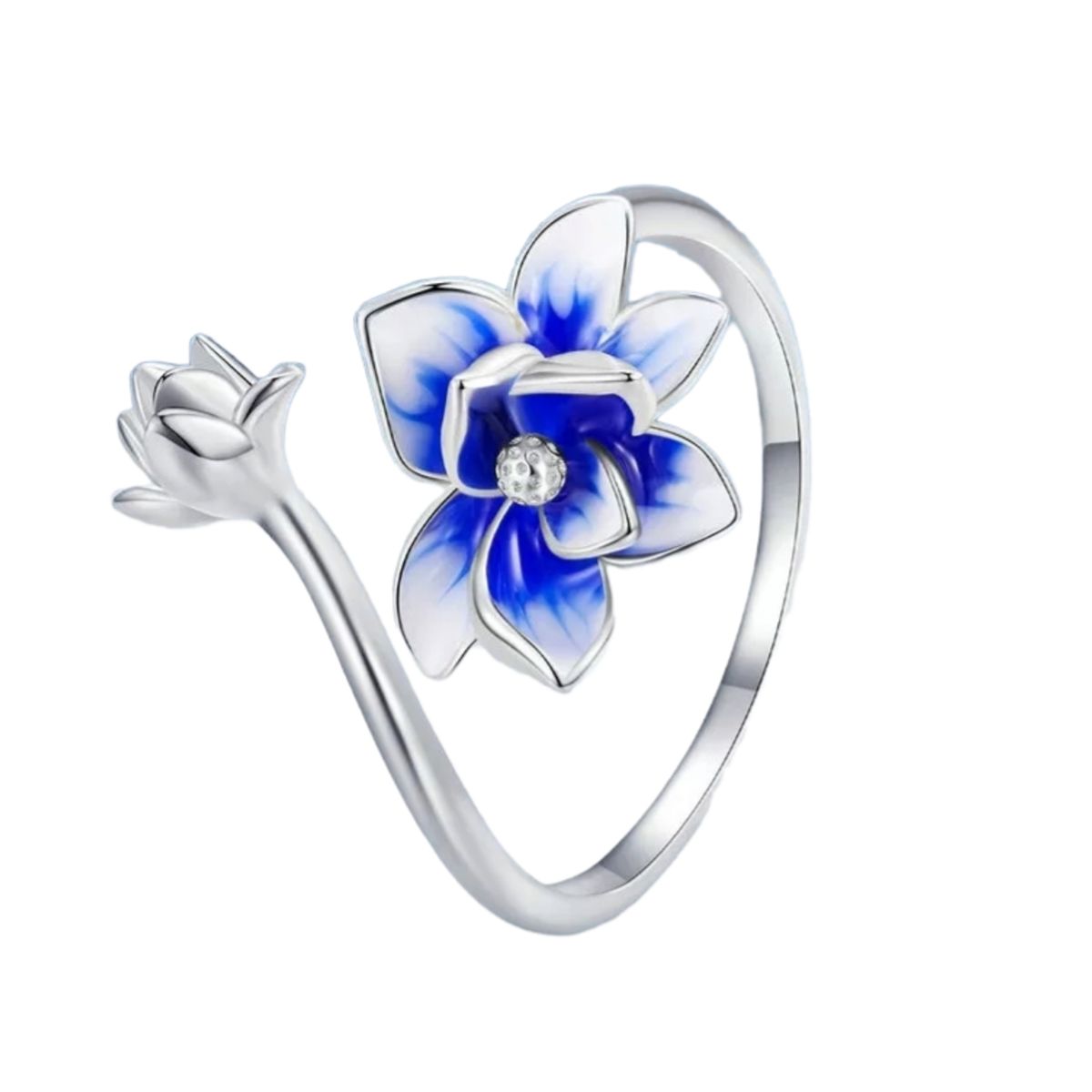 GENERICO - Anillo flor de loto azul plata 925 ajustable mujer joya