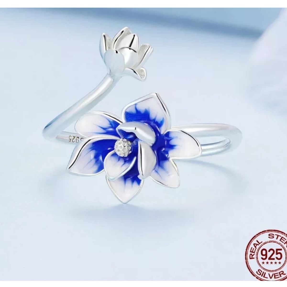 GENERICO - Anillo flor de loto azul plata 925 ajustable mujer joya