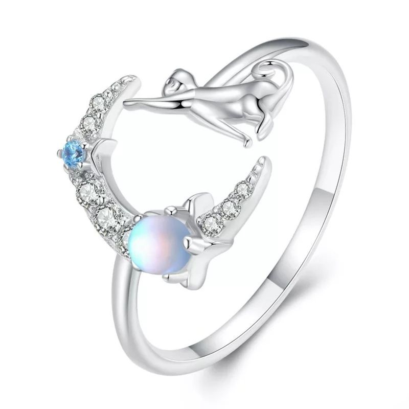 GENERICO - Anillo gato opalo plata 925 ajustable mujer joya