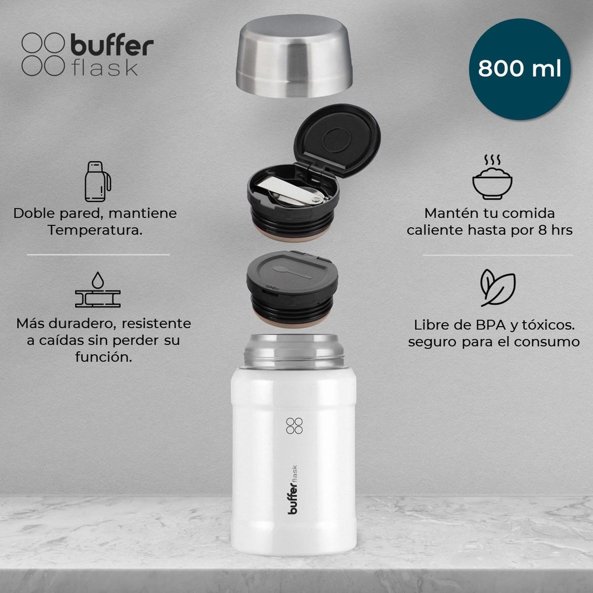 BUFFER FLASK - Termo Comida Y Liquido Buffer Multiproposito 800ml + Bolso - Crema