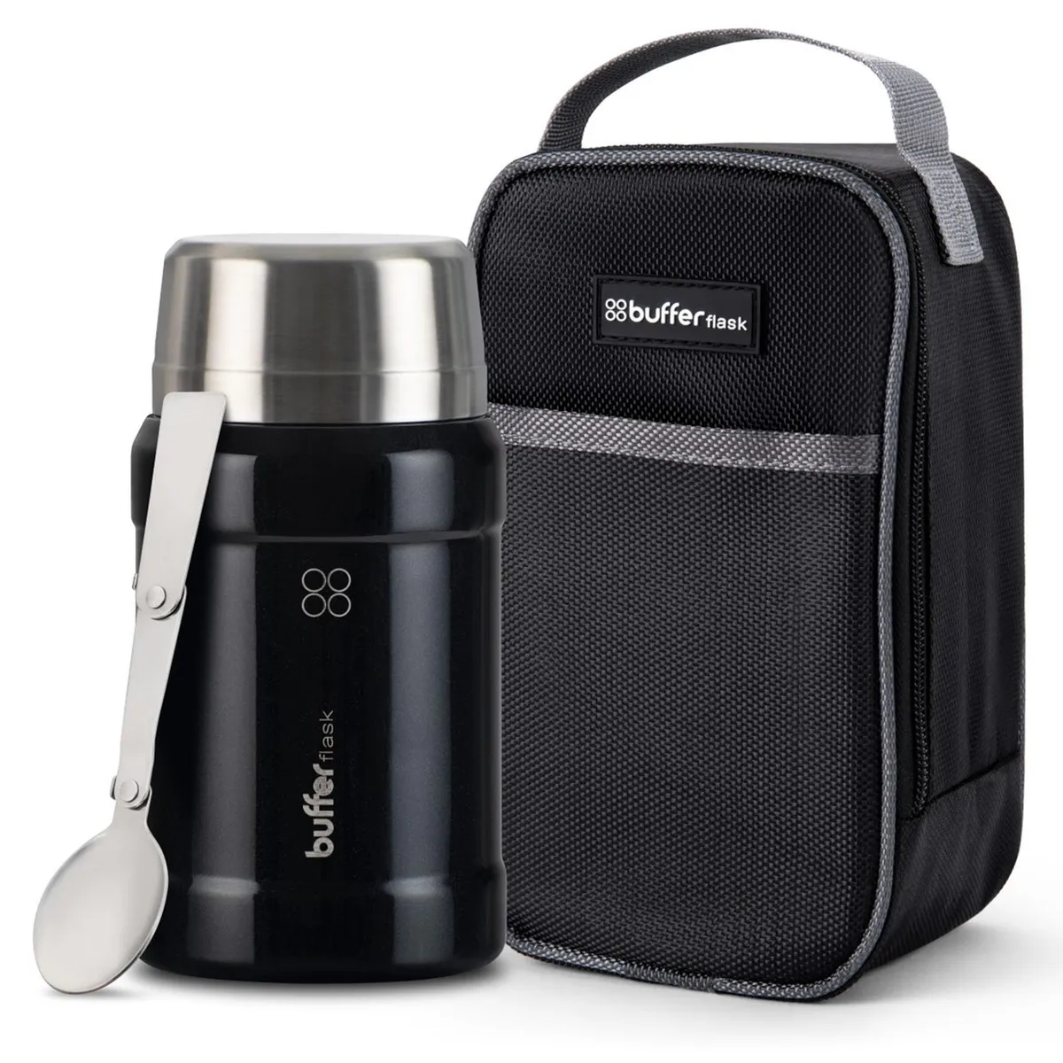 BUFFER FLASK - Termo Comida Y Liquido Buffer Multiproposito 800ml + Bolso - Negro