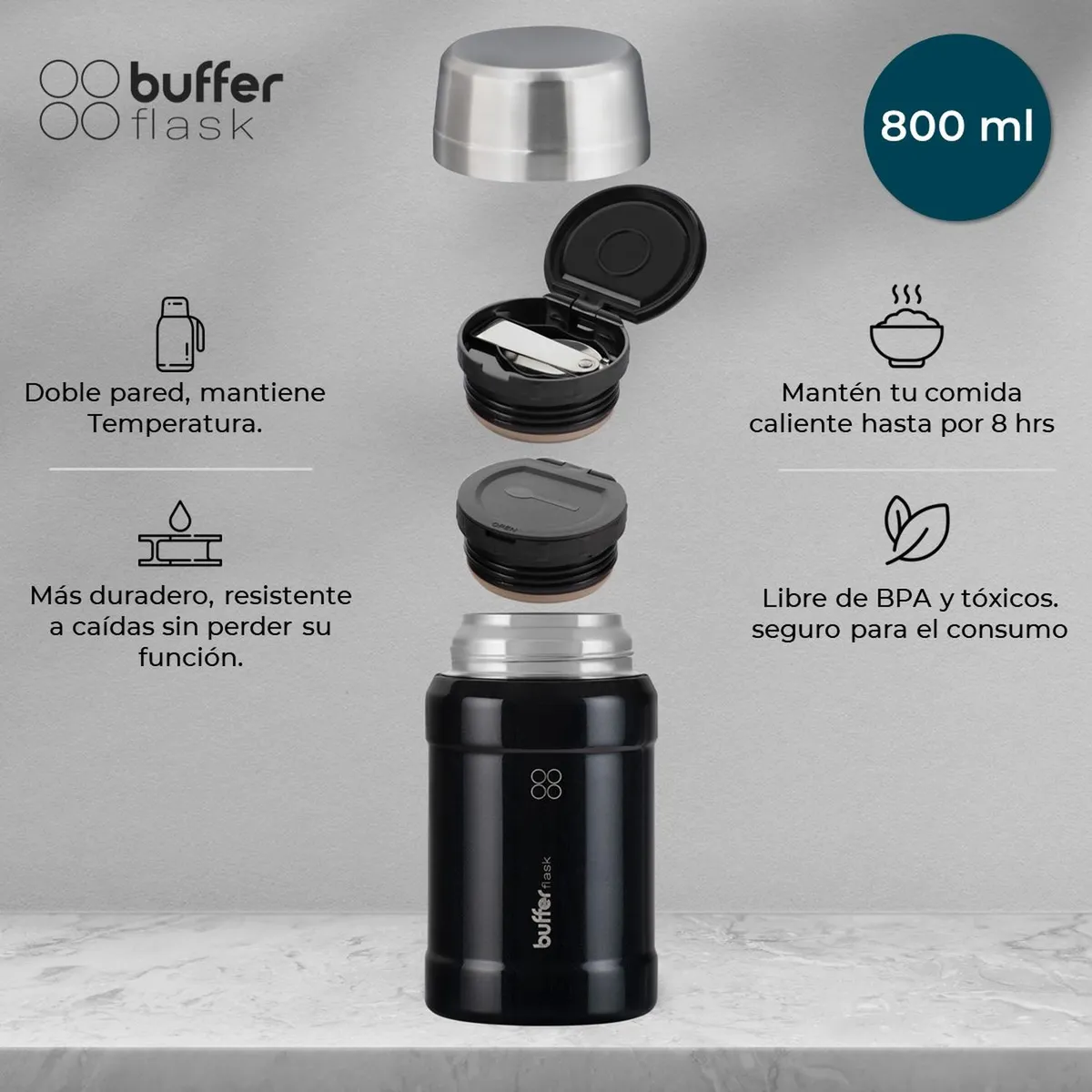 BUFFER FLASK - Termo Comida Y Liquido Buffer Multiproposito 800ml + Bolso - Negro