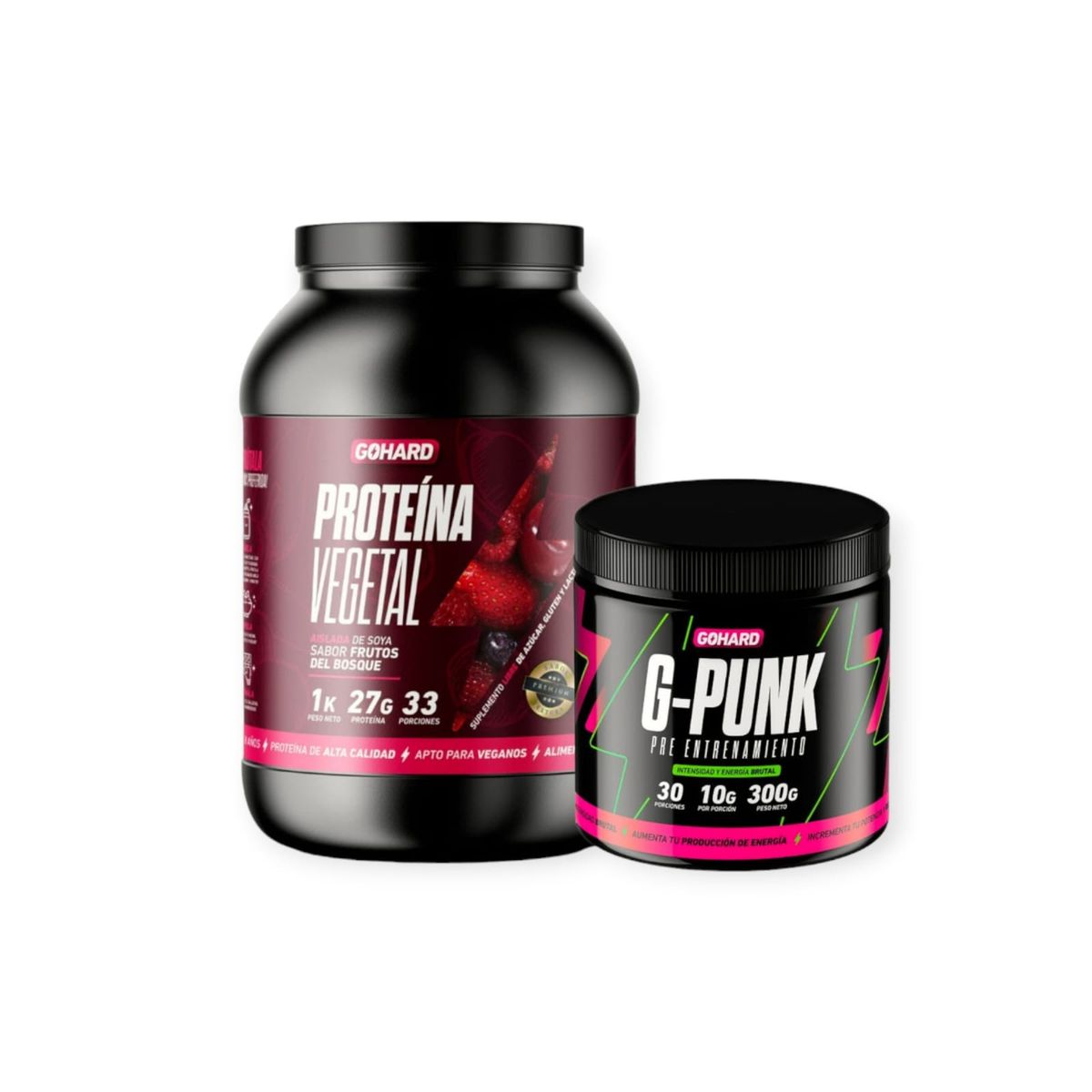 GOHARD - PROTEINA GOHARD 33 SERV. 1KG FRUTOS DEL BOSQUE & PRE ENTRENAMIENTO G-PUNK 30 SERV