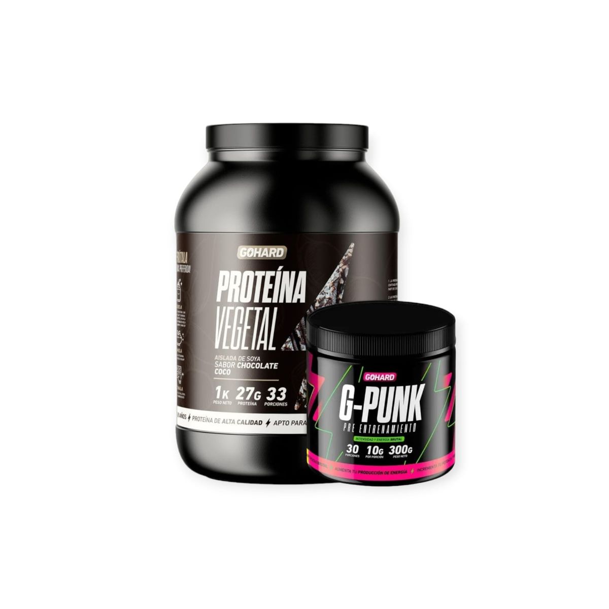 GOHARD - PROTEINA GOHARD 33 SERV. 1KG CHOCOLATE COCO & PRE ENTRENAMIENTO G-PUNK 30 SERV