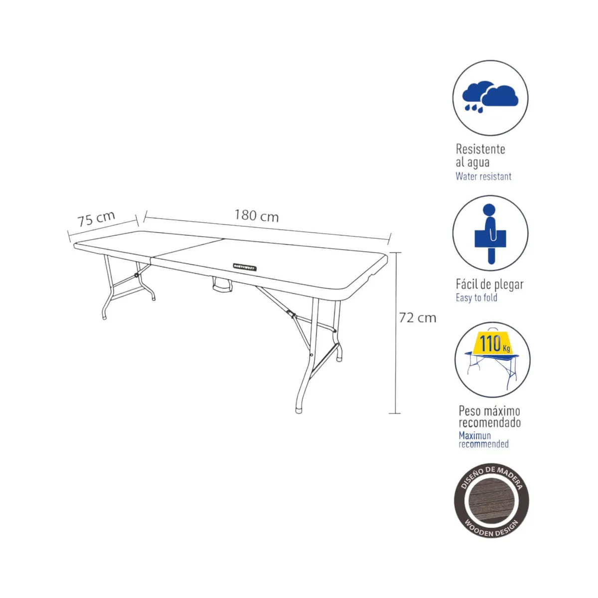 NORTHWEST - Mesa Plegable Rectangular Diseño Madera 180x74 Café Northwest