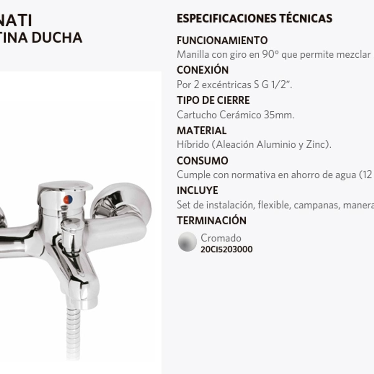 PMB - Monomando Llave Grifo Para Tina ducha Modelo Cincinnati Pmb
