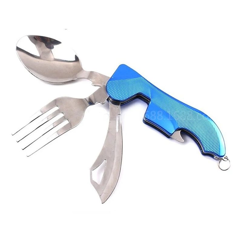 GENERICO - Set Cubierto Servicio Plegable 4 En 1 Viaje Camping Trekking Azul