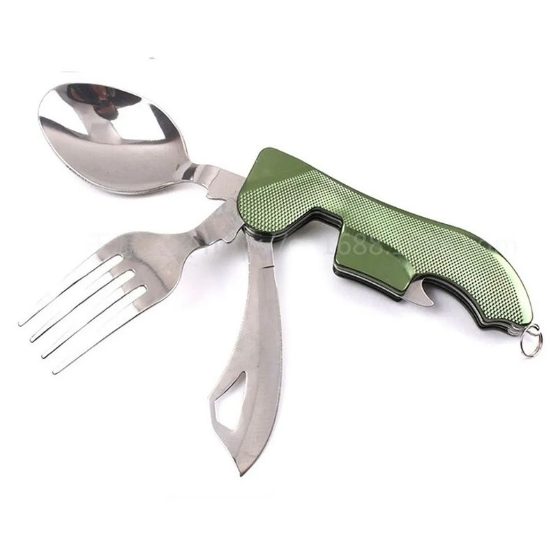 GENERICO - Set Cubierto Servicio Plegable 4 En 1 Viaje Camping Trekking Verde