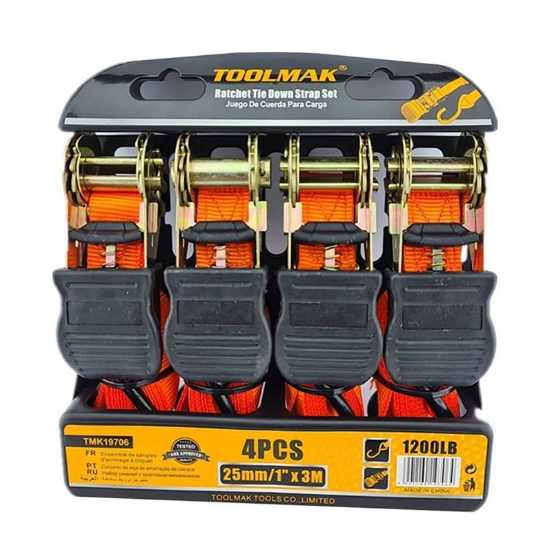 GENERICO - Set Kit Juego Eslinga Cinta Amarre Ratchet 4 Piezas Toolmak