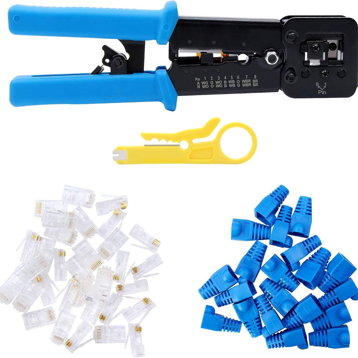 KUANGYE - Alicate Prensa Conector Cat6 Ez Rj45 Con Pelacables Y 50 Conectores