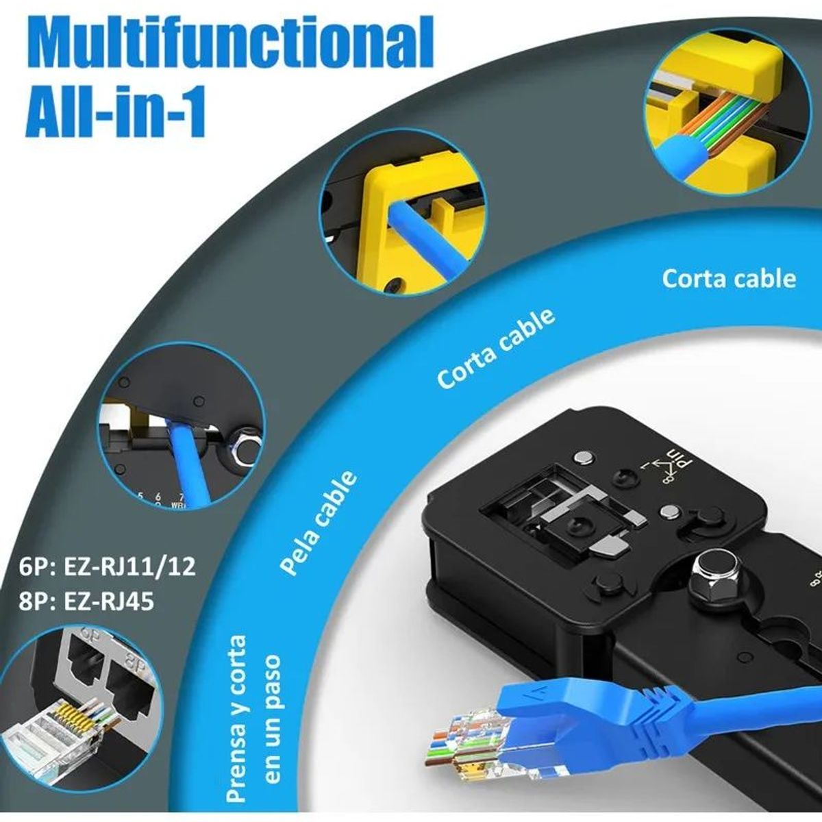 KUANGYE - Alicate Prensa Conector Cat6 Ez Rj45 Con Pelacables Y 50 Conectores