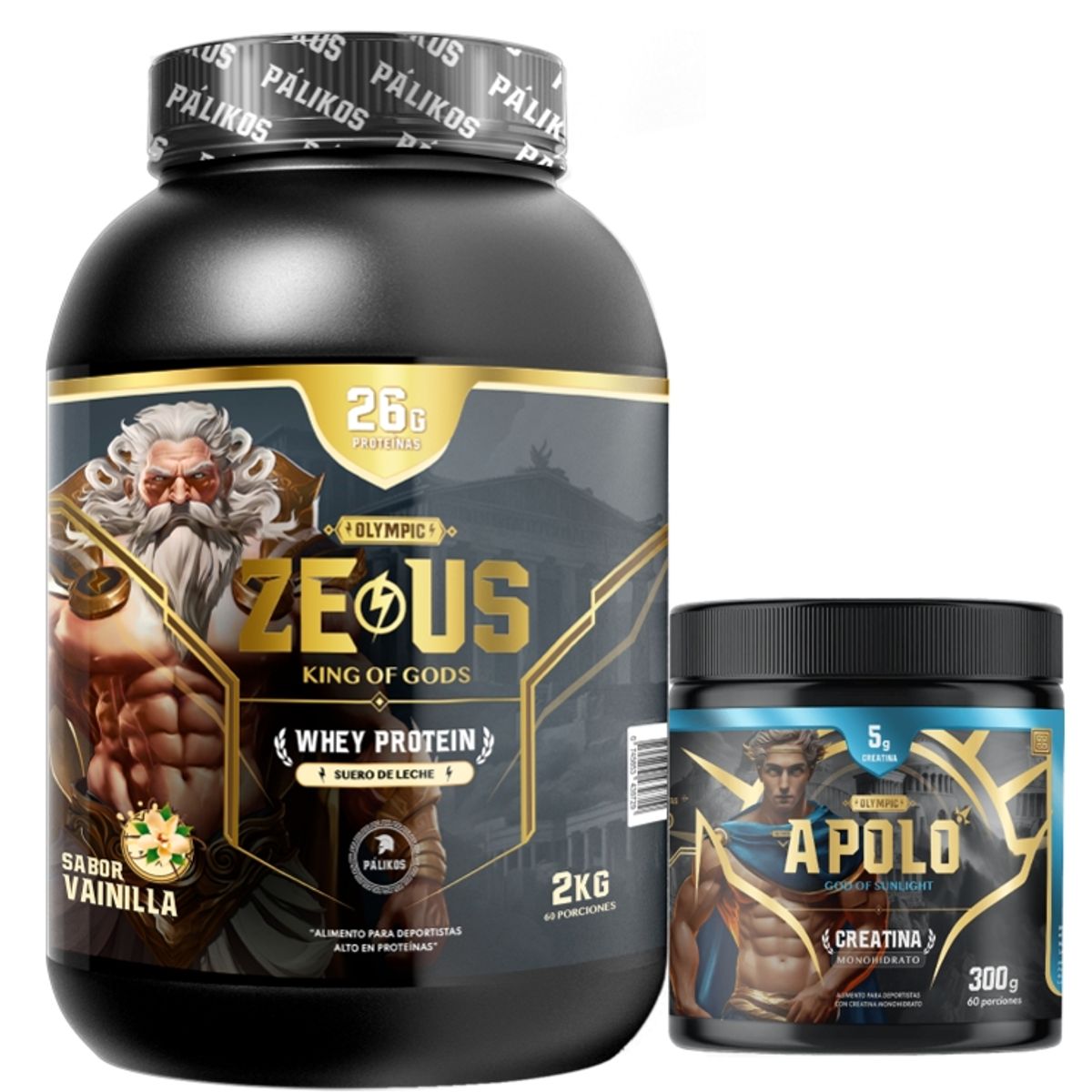 PALIKOS FITNESS - Pack Guerrero-1 Whey Protein Zeus 2 kg + Creatina apolo 300 g Vainilla