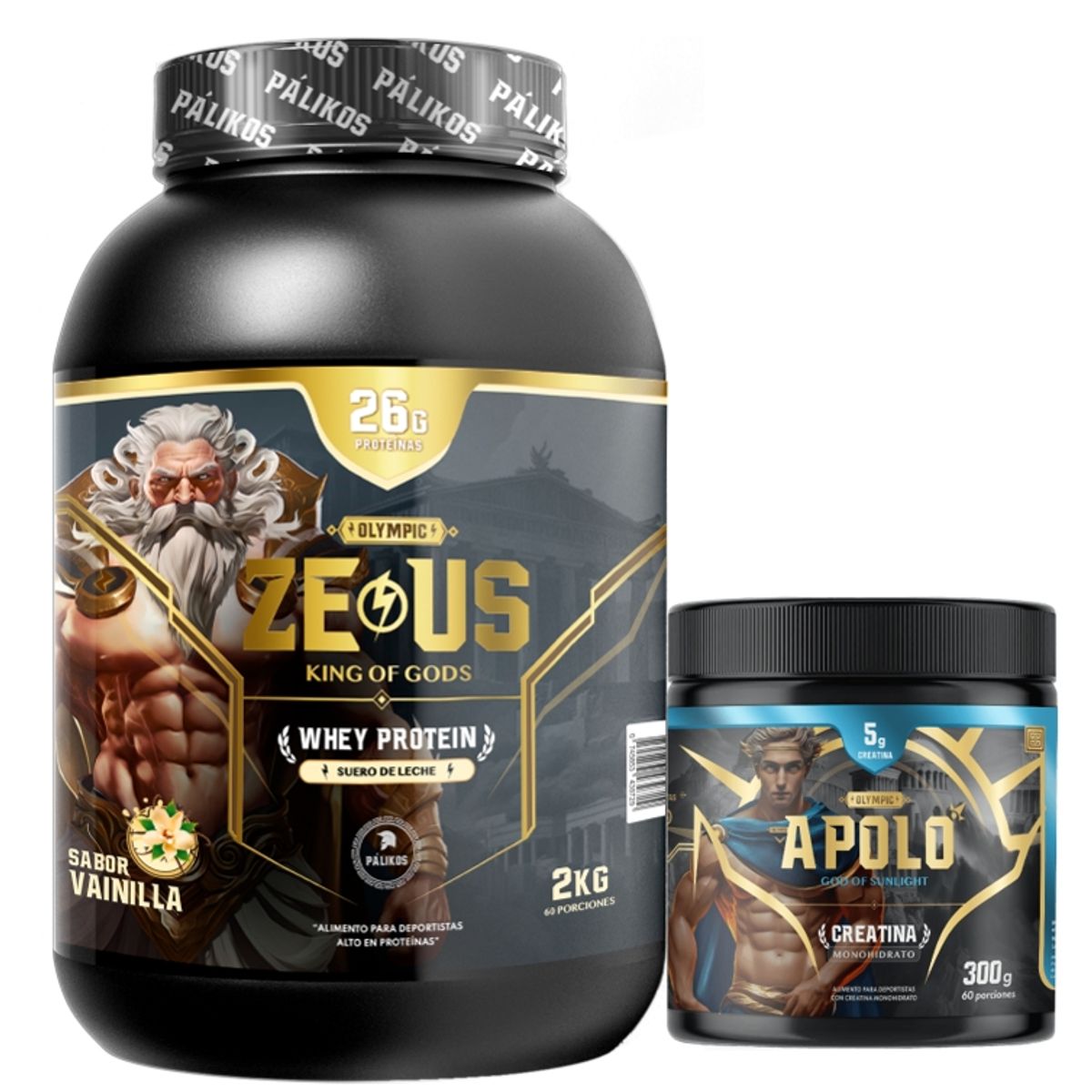 PALIKOS FITNESS - Pack Guerrero-1 Whey Protein Zeus 2 kg + Creatina apolo 300 g Vainilla
