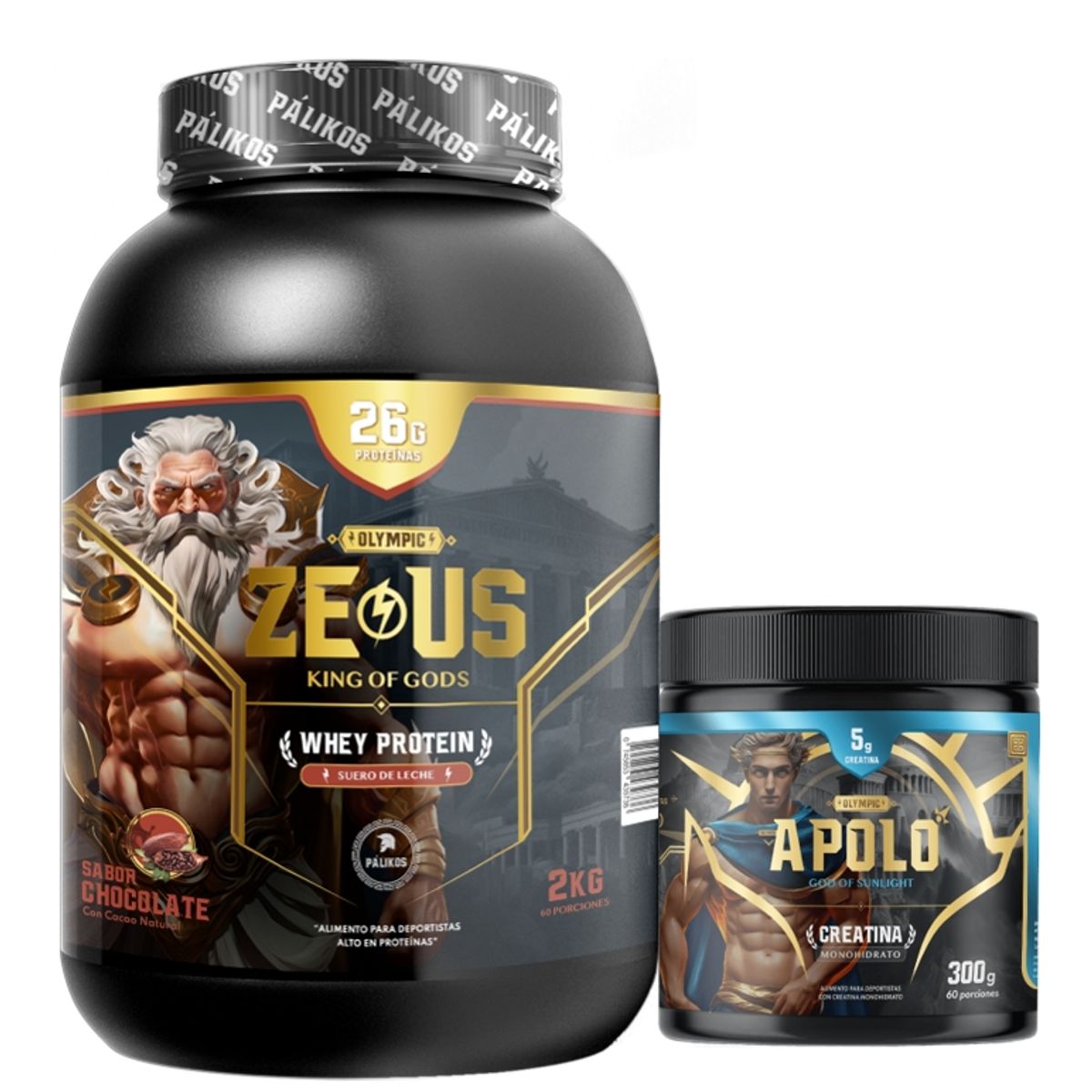 PALIKOS FITNESS - Pack Guerrero-1 Whey Protein Zeus 2 kg + Creatina apolo300 g Chocolate