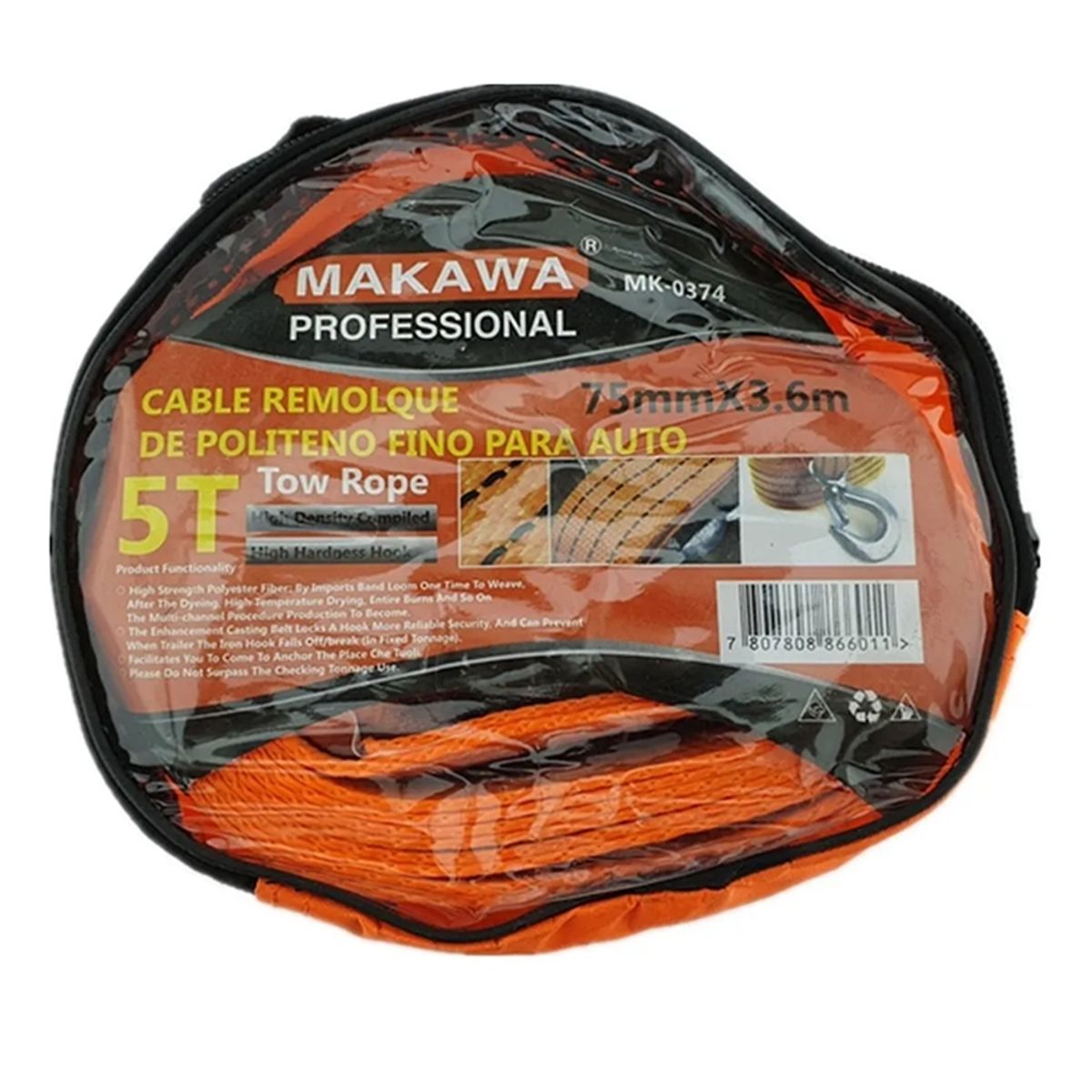 MAKAWA - Cable Remolque Para Auto 5 Toneladas 75mm X 3.6m Makawa