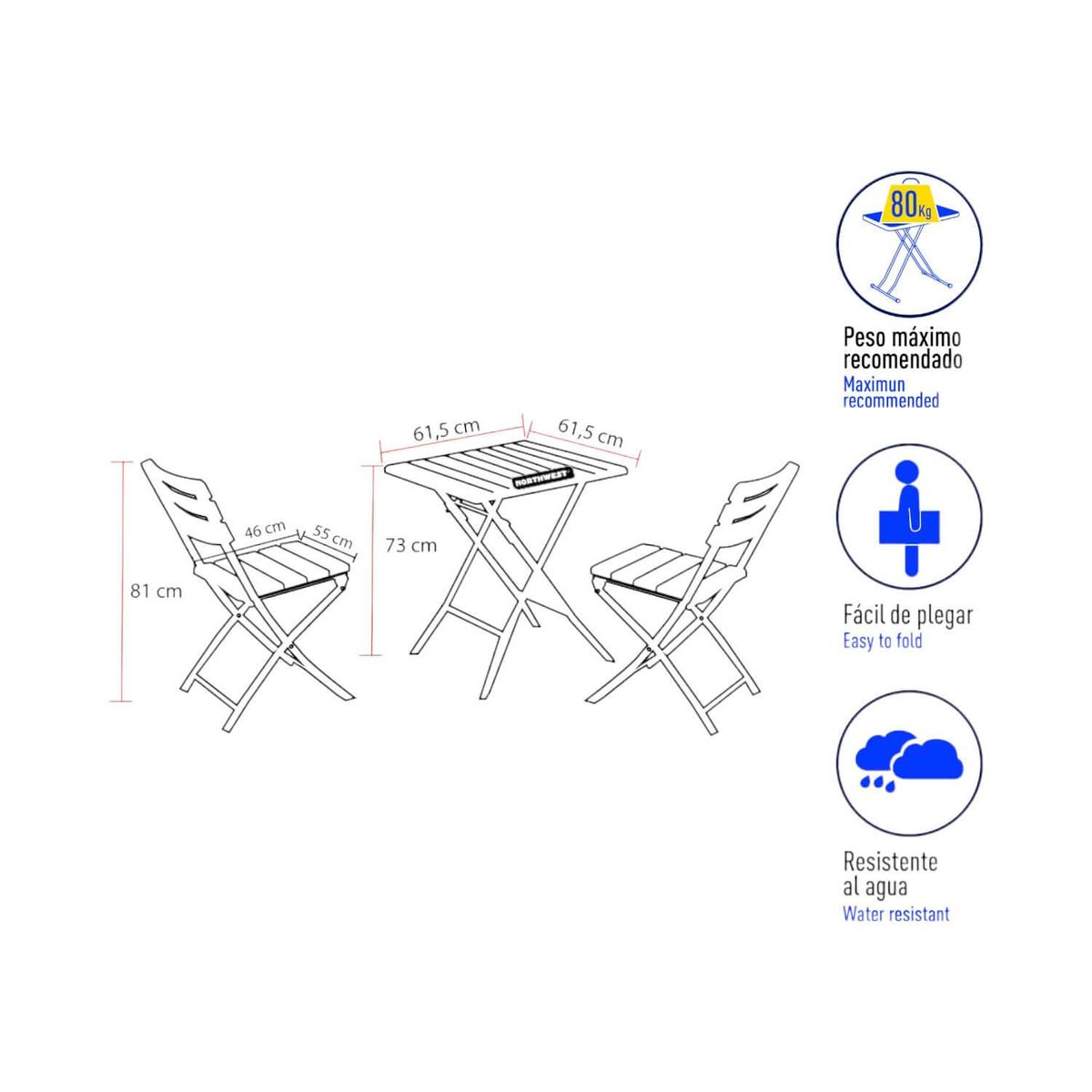 NORTHWEST - Set 2 Sillas + Mesa Plegable 61.5x73 Diseño Madera Northwest