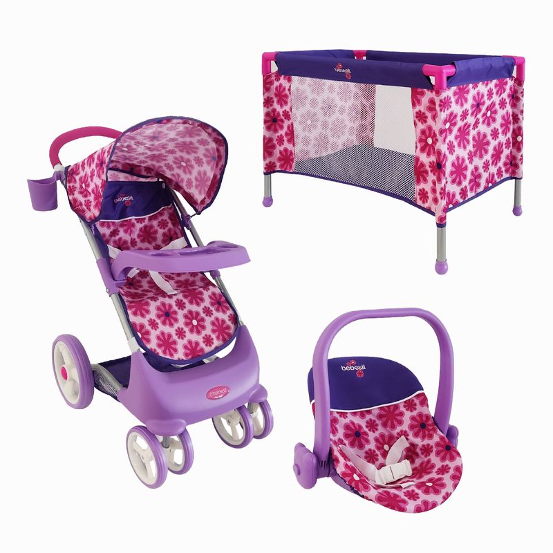 BEBESIT - Coche Travel de Juguete para Muñeca Rosado + Cuna Bebesit