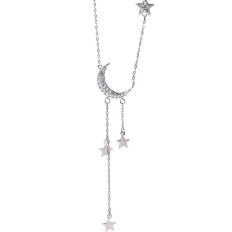 KUANGYE - Collar Con Luna Y Estrellas Plateado Hermoso
