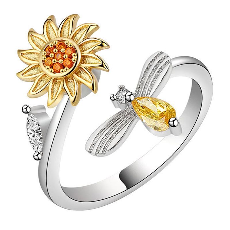 KUANGYE - Anillo Flor Girasol Giratorio Bañado en plata Antiestres
