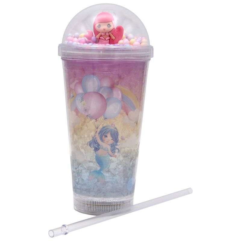 GENERICO - Vaso Con Bombilla Diseño Sirena Pelo Rosado Pelotitas y Luz Led Kawaii